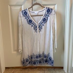 JJill white shear blouse with blue embroidery on front and back. Size S